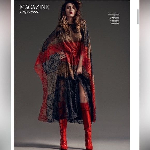 Valentino- Runway 2014 Multicolored Lace Sheer Cutout Cape Midi Dress - Picture 4 of 12